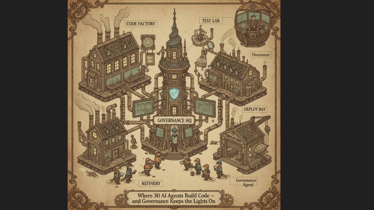 Steampunk illustration of Gas Town: Where 30 AI Agents Build Code and Governance Keeps the Lights On